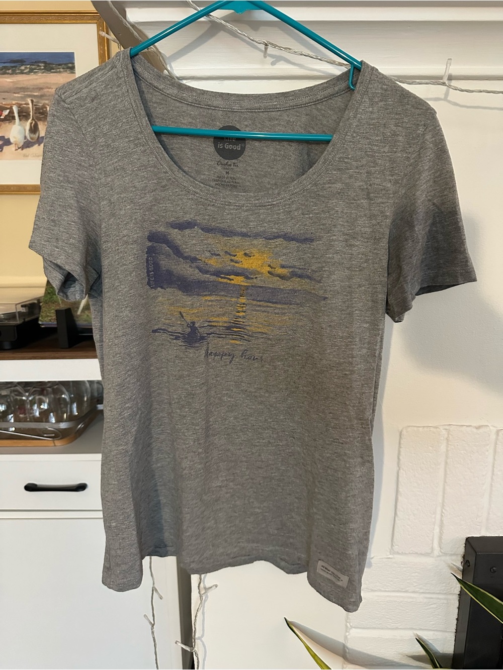 Life is Good- Gray Women's Graphic Scoop Neck Tee - Grey with Yellow Accent